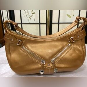 Cole Haan small gold-caramel leather shoulder satchel.